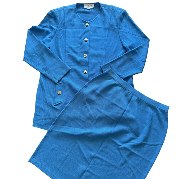 St. John Dresses & Skirts - St John Collection Blue Santana Knit Skirt Suit Gold Button Jacket Set Size 14
